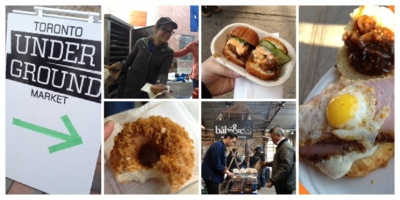 Photo montage of the Toronto Underground Market displaying a sign, two vendors, a doughnut and sandwiches.